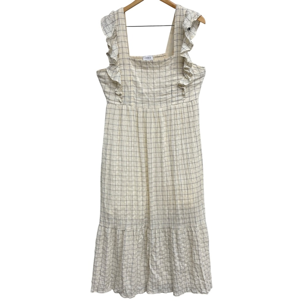 Evereve Mae plaid ruffel sleeve Windowpane Grid Ruffle Tiered Midi Dress Gauze L